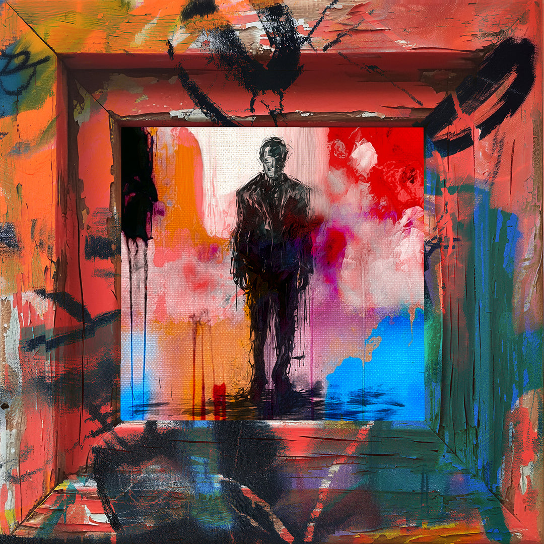 A striking digital composition of a solitary figure in a suit standing in a vividly abstract, painted corridor. The central figure is rendered in monochrome, contrasted by a riot of expressive textures, bold brushstrokes, and intense colour—ranging from red and orange to cobalt blue and emerald green—evoking both isolation and energy.