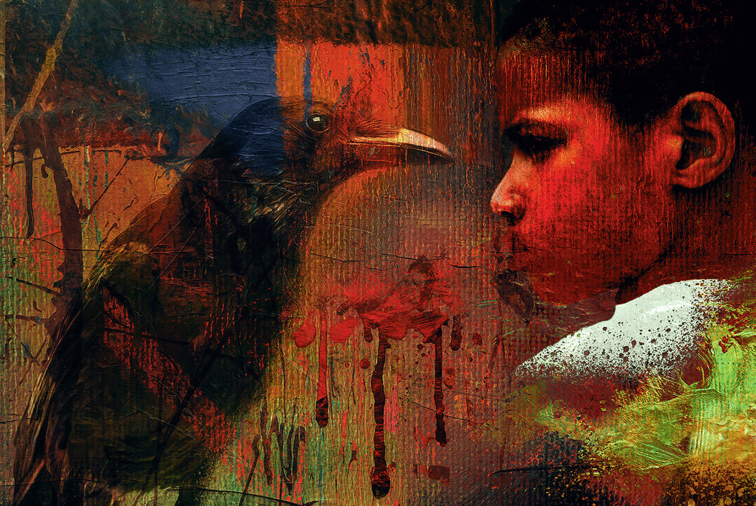 Striking digital composition depicting a young boy in intense profile facing a dark bird—possibly a crow or raven—amid a backdrop of layered textures and expressive drips. Rich tones of red, black, and deep green dominate the scene, creating a visceral, emotionally charged atmosphere that blurs realism and abstraction.