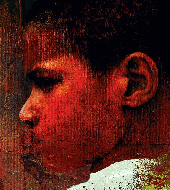 Striking digital composition depicting a young boy in intense profile facing a dark bird—possibly a crow or raven—amid a backdrop of layered textures and expressive drips. Rich tones of red, black, and deep green dominate the scene, creating a visceral, emotionally charged atmosphere that blurs realism and abstraction.
