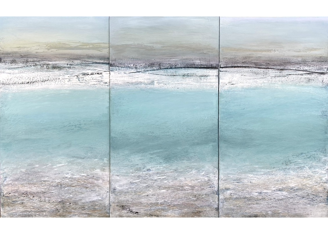 'Across The Bay, St Ives' by Heather McAlpine, an original large-scale triptych seascape painting in acrylic on canvas inspired by the panoramic beauty of St Ives Bay, Cornwall. Three connected panels depict pale turquoise waters, silvery shoreline and soft grey skies, capturing the shifting light, tide and tranquillity of the Cornish coast in an immersive contemporary composition.