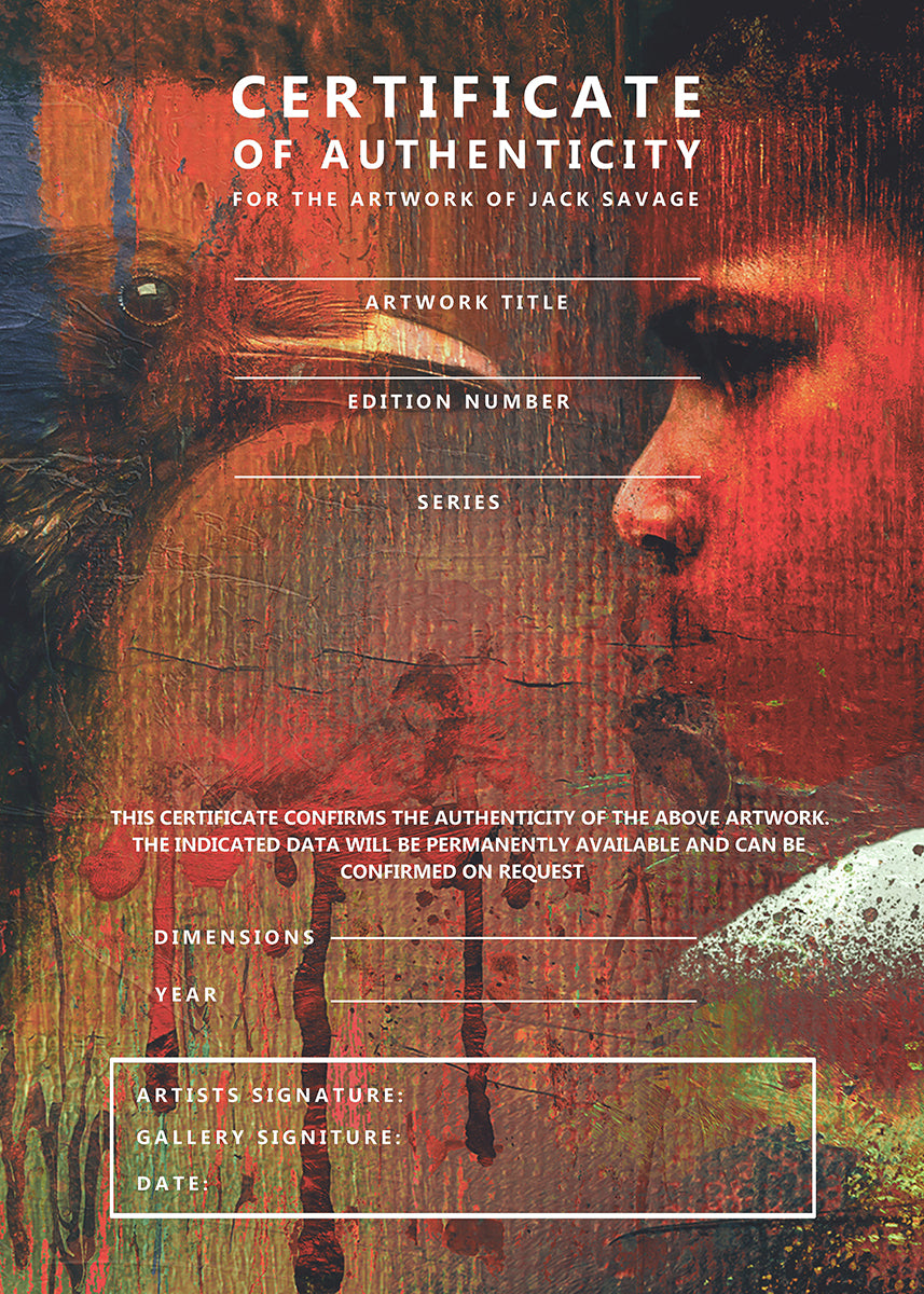 Certficate of Authenticity. Striking digital composition depicting a young boy in intense profile facing a dark bird—possibly a crow or raven—amid a backdrop of layered textures and expressive drips. Rich tones of red, black, and deep green dominate the scene, creating a visceral, emotionally charged atmosphere that blurs realism and abstraction.