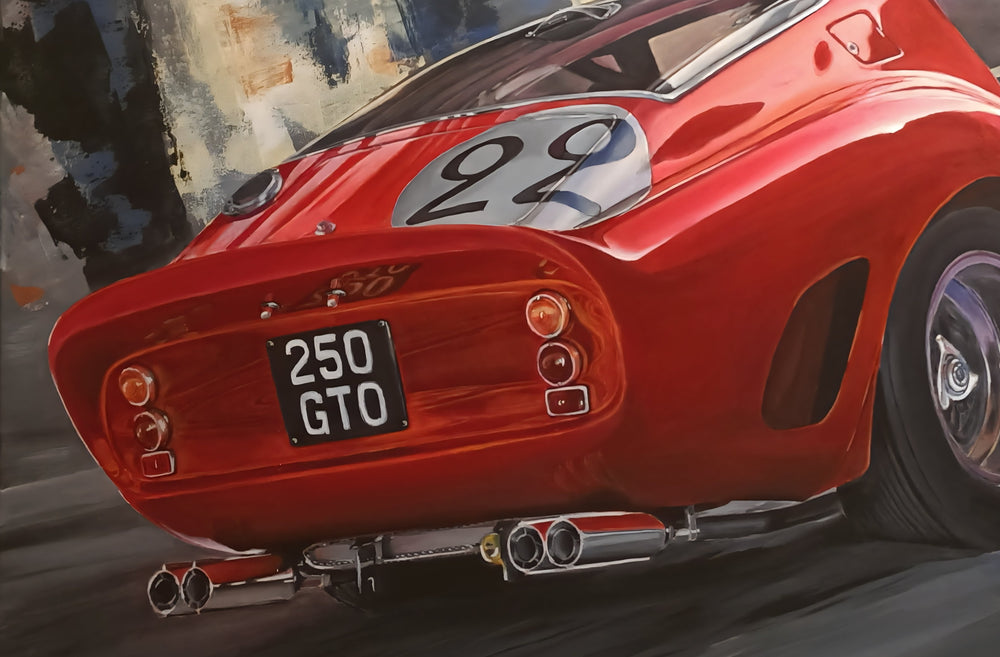 Hyperrealistic painting of the Ferrari 250 GTO seen from the rear three-quarter view, its sculpted red body gleaming with deep gloss and subtle reflections. White racing roundels with black numbers “22” and “29,” classic chrome exhaust pipes, and vintage license plate “250 GTO” stand out against a moody abstract background of muted blues, greys, and creams. An homage to the world’s most coveted racing car — timeless, powerful, and iconic.