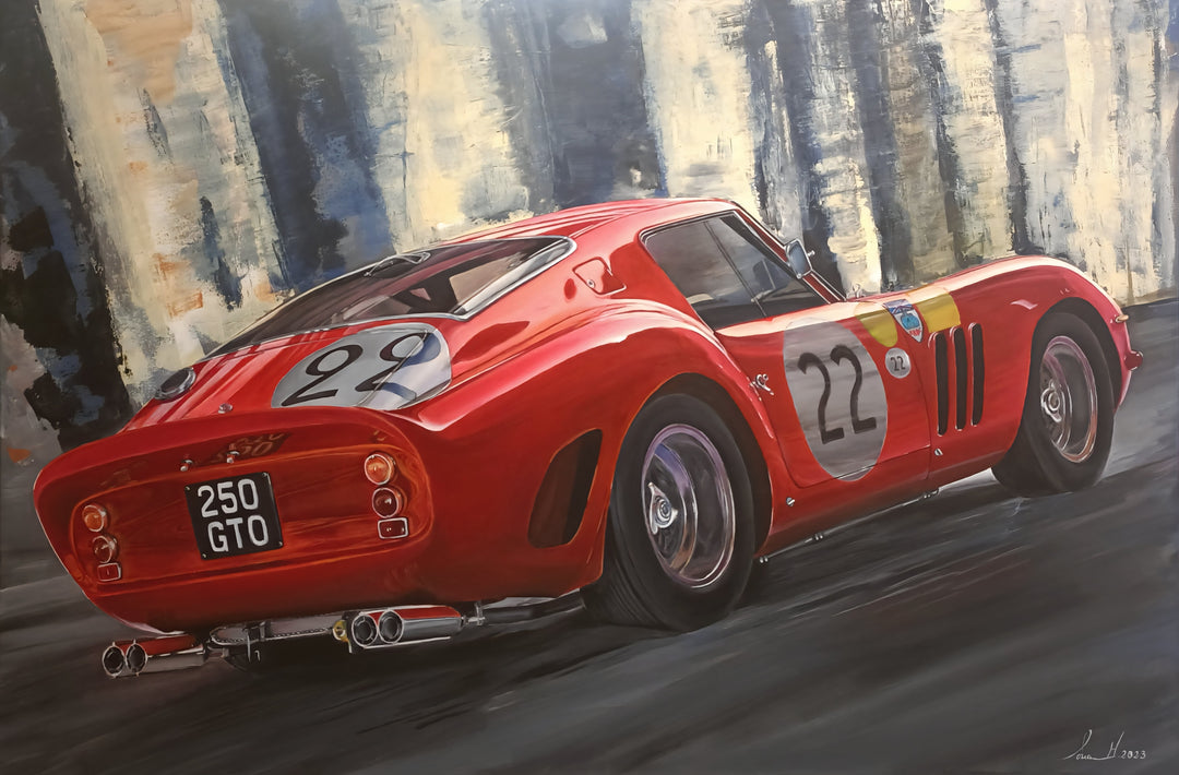 Hyperrealistic painting of the Ferrari 250 GTO seen from the rear three-quarter view, its sculpted red body gleaming with deep gloss and subtle reflections. White racing roundels with black numbers “22” and “29,” classic chrome exhaust pipes, and vintage license plate “250 GTO” stand out against a moody abstract background of muted blues, greys, and creams. An homage to the world’s most coveted racing car — timeless, powerful, and iconic.
