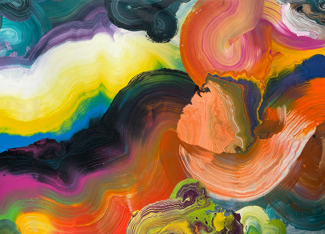 Large vibrant abstract painting “Sun Chaser” by Swarez — a powerful composition of swirling, layered colour featuring vivid yellow bursts cutting across deep oranges, fiery reds, rich magentas, lush greens, electric blues, dark purples and intense black accents. Complex ribbons and rivers of enamel paint create fluid movement and luminous depth on a grand-scale canvas.