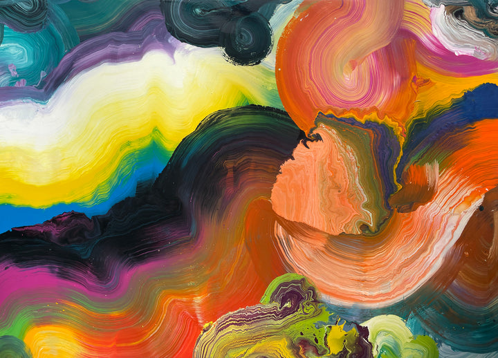 Large vibrant abstract painting “Sun Chaser” by Swarez — a powerful composition of swirling, layered colour featuring vivid yellow bursts cutting across deep oranges, fiery reds, rich magentas, lush greens, electric blues, dark purples and intense black accents. Complex ribbons and rivers of enamel paint create fluid movement and luminous depth on a grand-scale canvas.