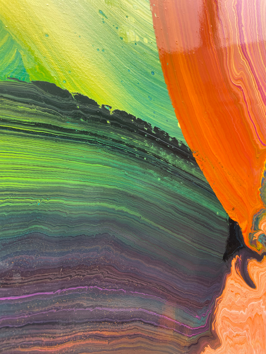 Large vibrant abstract painting “Sun Chaser” by Swarez — a powerful composition of swirling, layered colour featuring vivid yellow bursts cutting across deep oranges, fiery reds, rich magentas, lush greens, electric blues, dark purples and intense black accents. Complex ribbons and rivers of enamel paint create fluid movement and luminous depth on a grand-scale canvas.