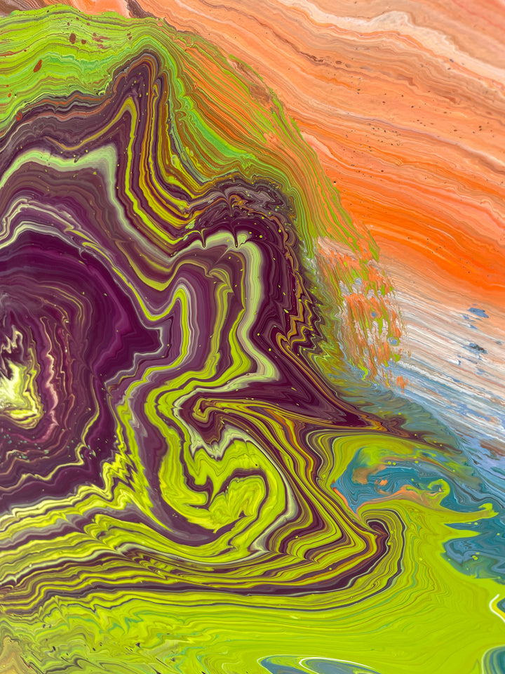 Large vibrant abstract painting “Sun Chaser” by Swarez — a powerful composition of swirling, layered colour featuring vivid yellow bursts cutting across deep oranges, fiery reds, rich magentas, lush greens, electric blues, dark purples and intense black accents. Complex ribbons and rivers of enamel paint create fluid movement and luminous depth on a grand-scale canvas.