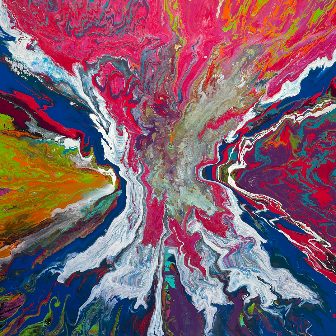 Large square abstract painting “United We Stand” by Swarez — a high-impact explosion of swirling magenta and deep blue blending with metallic gold, copper, turquoise, vivid orange, lime green, crisp white and rich black. Layers of glossy enamel paint radiate outward from the centre in fluid marbled streams, creating a dramatic, multi-directional composition full of energy and movement.