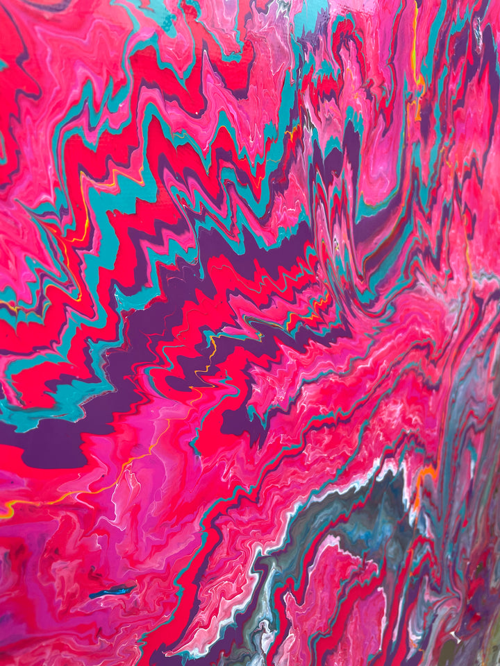 Large square abstract painting “United We Stand” by Swarez — a high-impact explosion of swirling magenta and deep blue blending with metallic gold, copper, turquoise, vivid orange, lime green, crisp white and rich black. Layers of glossy enamel paint radiate outward from the centre in fluid marbled streams, creating a dramatic, multi-directional composition full of energy and movement.
