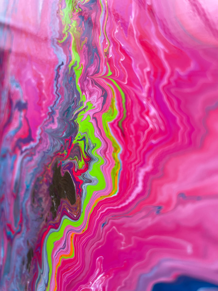 Large square abstract painting “United We Stand” by Swarez — a high-impact explosion of swirling magenta and deep blue blending with metallic gold, copper, turquoise, vivid orange, lime green, crisp white and rich black. Layers of glossy enamel paint radiate outward from the centre in fluid marbled streams, creating a dramatic, multi-directional composition full of energy and movement.