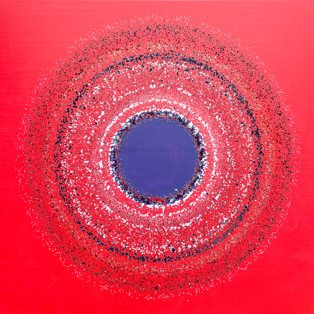 Large abstract painting “Ellipsis” by Swarez — bold square composition with a deep violet central circle surrounded by concentric rings of paint droplets and splashes on a vivid matte red background. Energetic, dynamic halo effect created by spin technique.