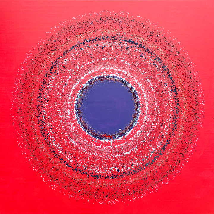 Large abstract painting “Ellipsis” by Swarez — bold square composition with a deep violet central circle surrounded by concentric rings of paint droplets and splashes on a vivid matte red background. Energetic, dynamic halo effect created by spin technique.