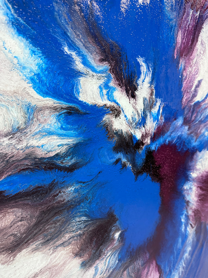 Large abstract painting “Atomic Butterfly” by Swarez — dramatic centrifugal spin art with explosive bursts of cobalt blue, electric turquoise, deep violet purple, crisp white, and black radiating from the centre across a heavily textured enamel surface.