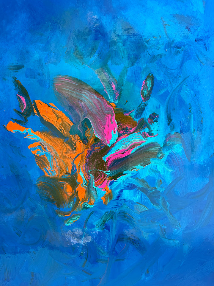 Large abstract painting “Into the Blue” by Swarez — deep ocean-inspired composition with layered shades of cobalt, ultramarine, turquoise, and teal blue. Vivid bursts of fiery orange, vibrant fuchsia, aqua, and rich purple emerge in the centre, with swirling, glossy enamel textures creating movement and depth.