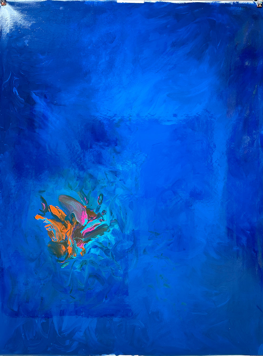 Large abstract painting “Into the Blue” by Swarez — deep ocean-inspired composition with layered shades of cobalt, ultramarine, turquoise, and teal blue. Vivid bursts of fiery orange, vibrant fuchsia, aqua, and rich purple emerge in the centre, with swirling, glossy enamel textures creating movement and depth.