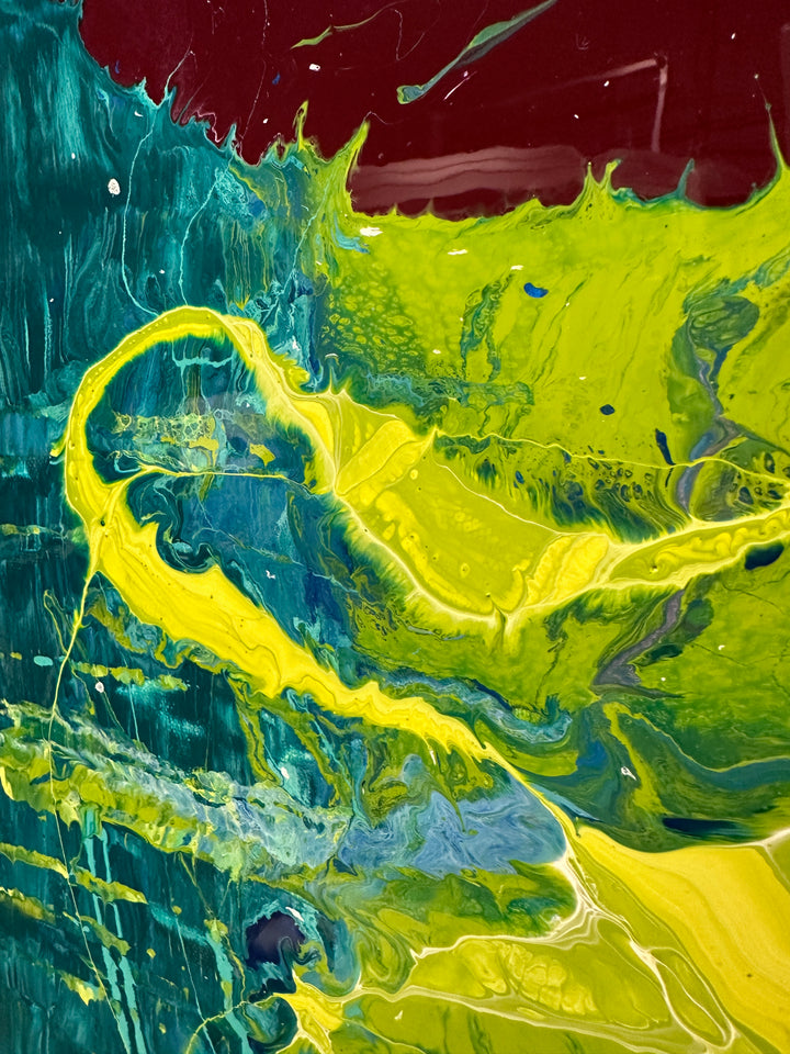 Large abstract painting “Infinite Light” by Swarez — vibrant sweeping strokes of scarlet red, fiery orange and deep burgundy layered over a luminous turquoise and lime green base, with accents of cobalt blue and black. Highly textured enamel surface with bold movement and glossy, light-catching details.