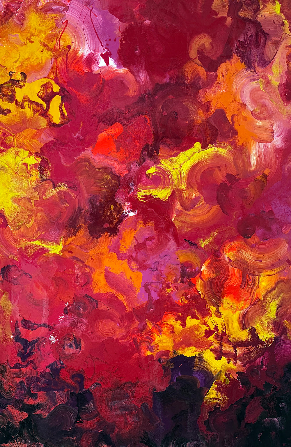 Large abstract painting “Crocosmia” by Swarez — vibrant swirling composition of fiery reds, deep crimson, burnt orange, radiant yellow, and accents of magenta, pink, purple, black, and white. Expressive layered enamel paint with fluid circular motions and botanical-inspired energy.