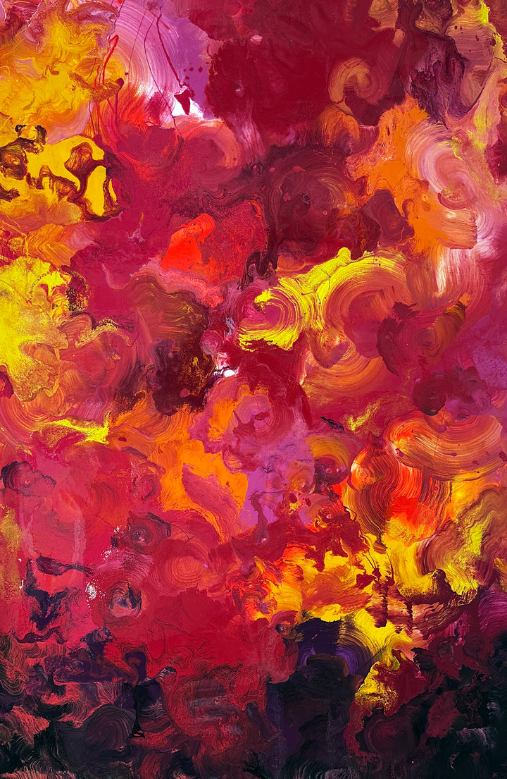 Large abstract painting “Crocosmia” by Swarez — vibrant swirling composition of fiery reds, deep crimson, burnt orange, radiant yellow, and accents of magenta, pink, purple, black, and white. Expressive layered enamel paint with fluid circular motions and botanical-inspired energy.