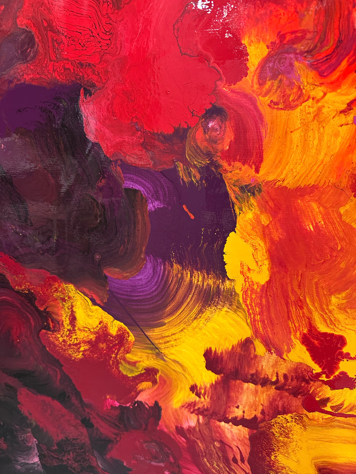 Large abstract painting “Crocosmia” by Swarez — vibrant swirling composition of fiery reds, deep crimson, burnt orange, radiant yellow, and accents of magenta, pink, purple, black, and white. Expressive layered enamel paint with fluid circular motions and botanical-inspired energy.