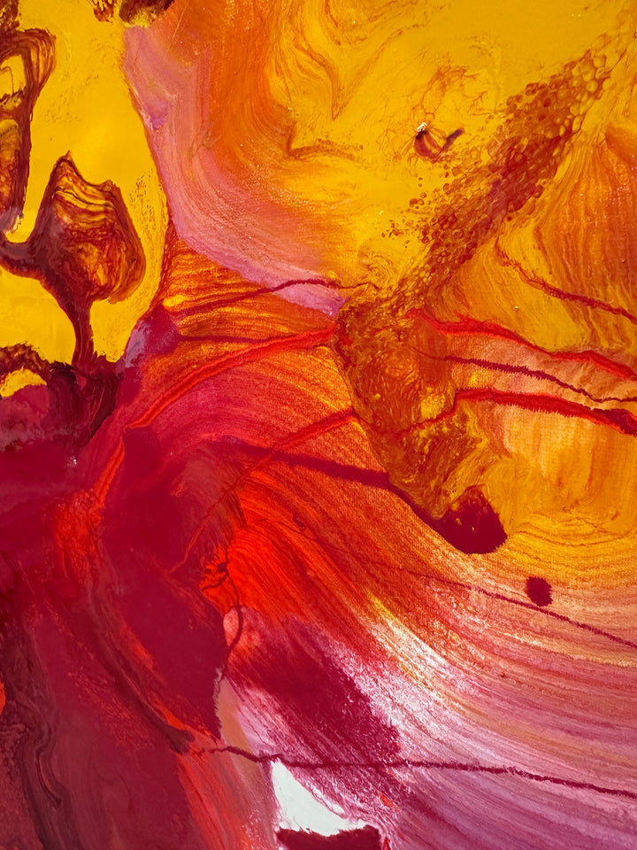 Large abstract painting “Crocosmia” by Swarez — vibrant swirling composition of fiery reds, deep crimson, burnt orange, radiant yellow, and accents of magenta, pink, purple, black, and white. Expressive layered enamel paint with fluid circular motions and botanical-inspired energy.