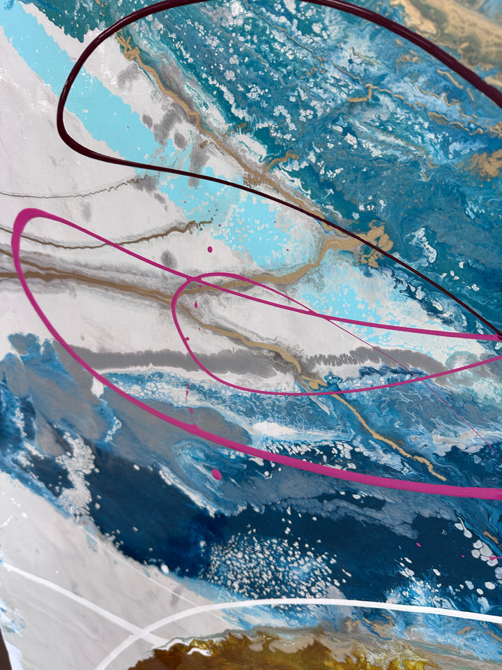 Large abstract painting “Anthus” by Swarez — layered arcs and sweeping semi-circles created with poured enamel paint in deep teal, turquoise, navy blue, warm gold, taupe, light grey, ivory, and accents of vivid magenta and burgundy, finished with a high-gloss, fluid texture on canvas.