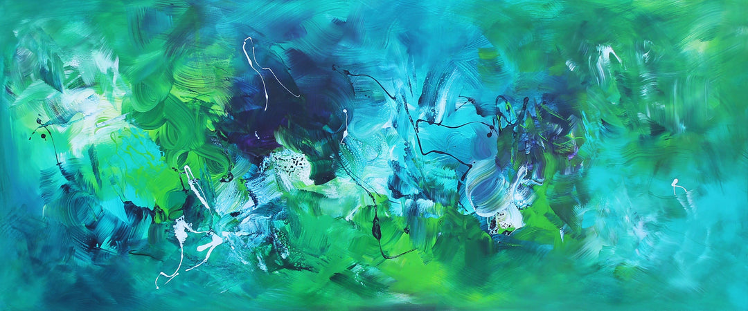 Panoramic abstract painting featuring a vivid blend of turquoise, emerald, and sea green tones with fluid brushwork, highlighted by deep blue, navy, and accents of black and white. The composition evokes a sense of underwater motion and organic energy.