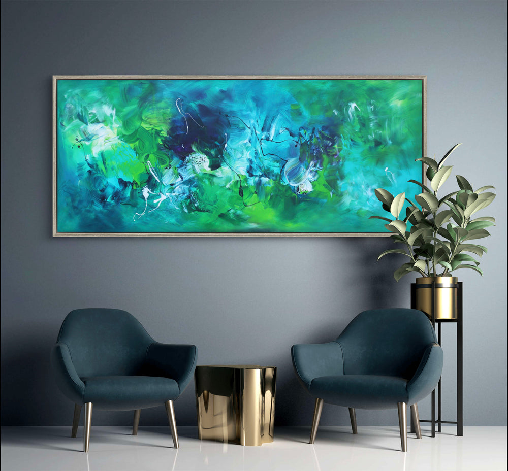 Panoramic abstract painting featuring a vivid blend of turquoise, emerald, and sea green tones with fluid brushwork, highlighted by deep blue, navy, and accents of black and white. The composition evokes a sense of underwater motion and organic energy.