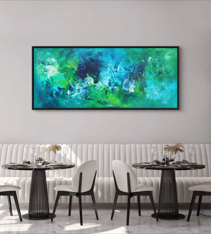 Panoramic abstract painting featuring a vivid blend of turquoise, emerald, and sea green tones with fluid brushwork, highlighted by deep blue, navy, and accents of black and white. The composition evokes a sense of underwater motion and organic energy.