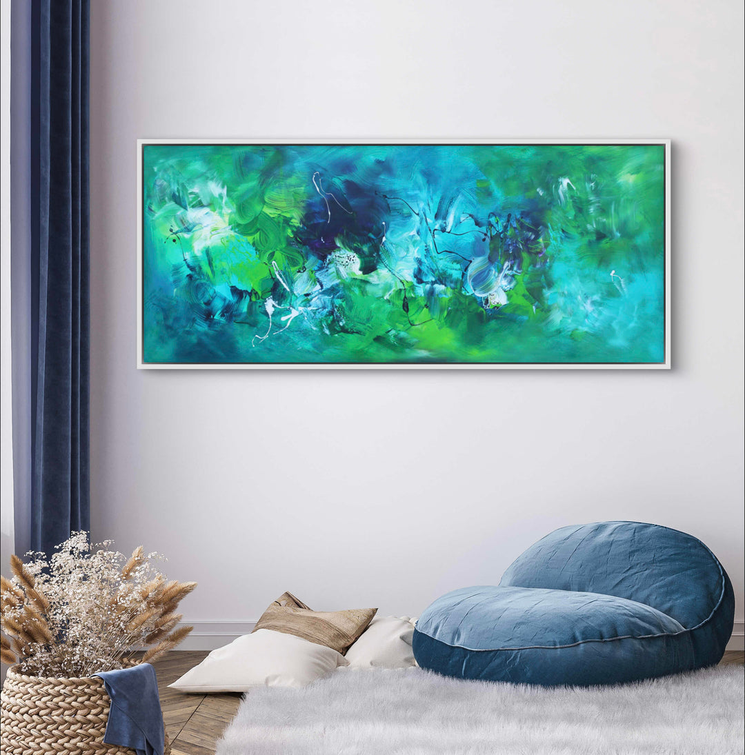 Panoramic abstract painting featuring a vivid blend of turquoise, emerald, and sea green tones with fluid brushwork, highlighted by deep blue, navy, and accents of black and white. The composition evokes a sense of underwater motion and organic energy.