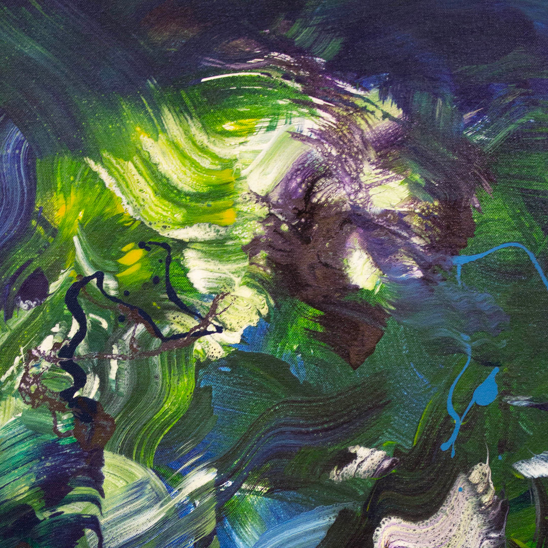 Abstract painting with fluid, sweeping brushstrokes in deep green, blue, and white, accented with vivid yellow and hints of black. The composition evokes natural energy and organic movement.