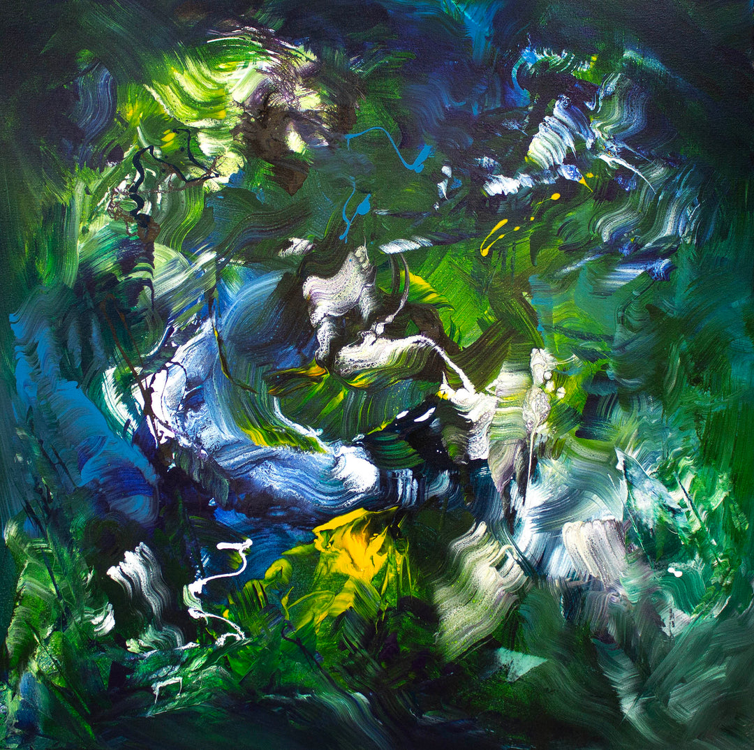 Abstract painting with fluid, sweeping brushstrokes in deep green, blue, and white, accented with vivid yellow and hints of black. The composition evokes natural energy and organic movement.