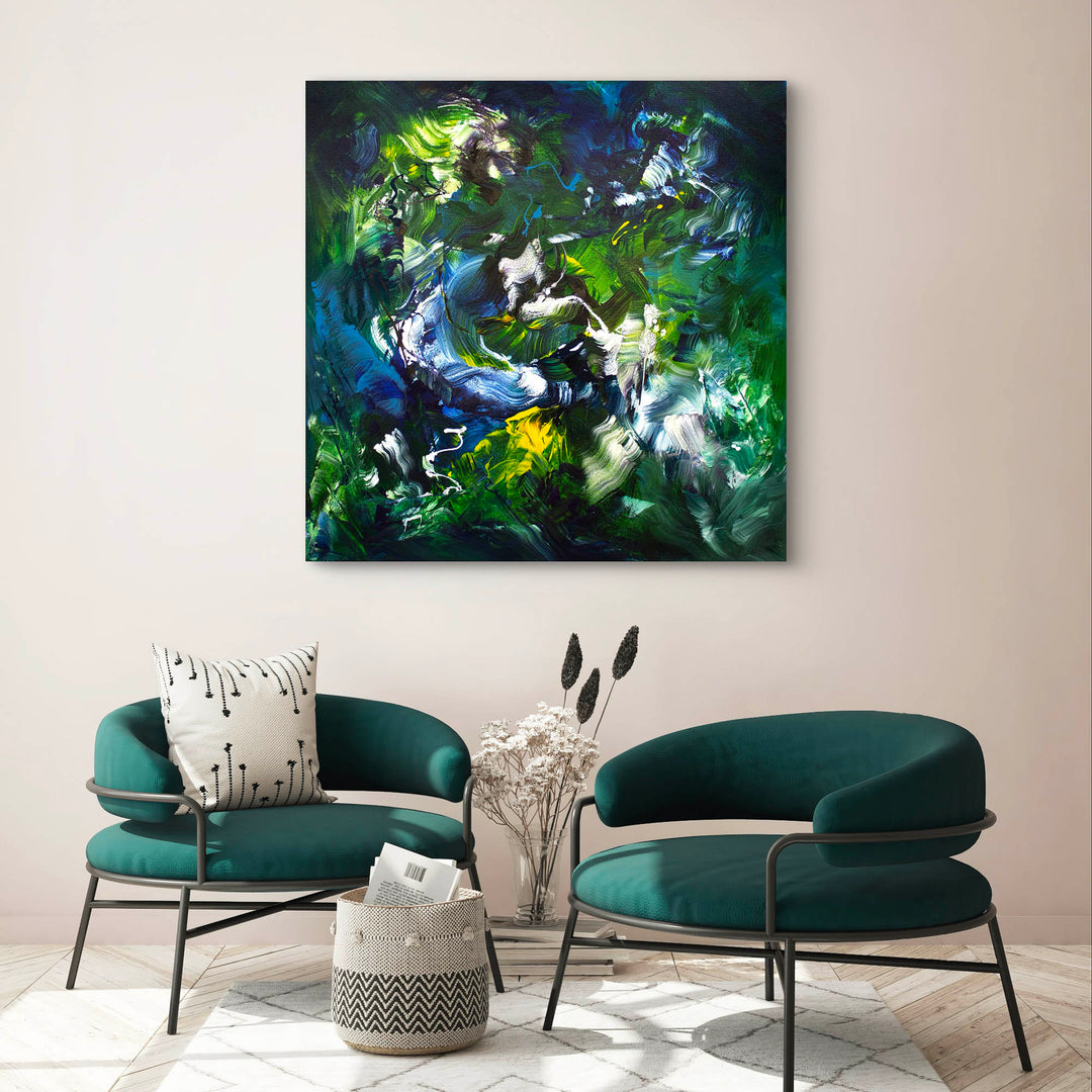 Abstract painting with fluid, sweeping brushstrokes in deep green, blue, and white, accented with vivid yellow and hints of black. The composition evokes natural energy and organic movement.