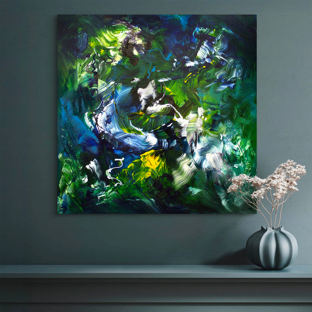 Abstract painting with fluid, sweeping brushstrokes in deep green, blue, and white, accented with vivid yellow and hints of black. The composition evokes natural energy and organic movement.
