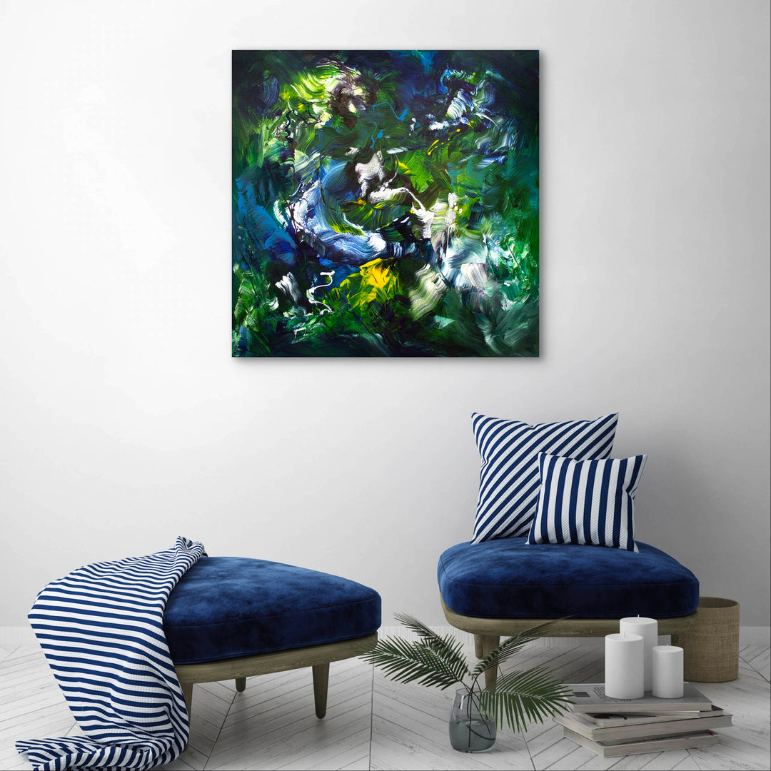 Abstract painting with fluid, sweeping brushstrokes in deep green, blue, and white, accented with vivid yellow and hints of black. The composition evokes natural energy and organic movement.