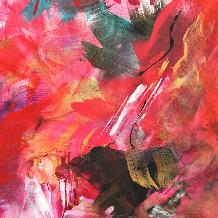 Energetic abstract painting dominated by vivid red, pink, and magenta tones with expressive brushstrokes, splashes of turquoise, black, and white on a dynamic, layered background.