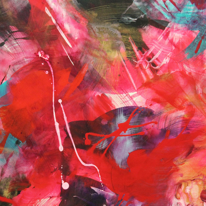 Energetic abstract painting dominated by vivid red, pink, and magenta tones with expressive brushstrokes, splashes of turquoise, black, and white on a dynamic, layered background.