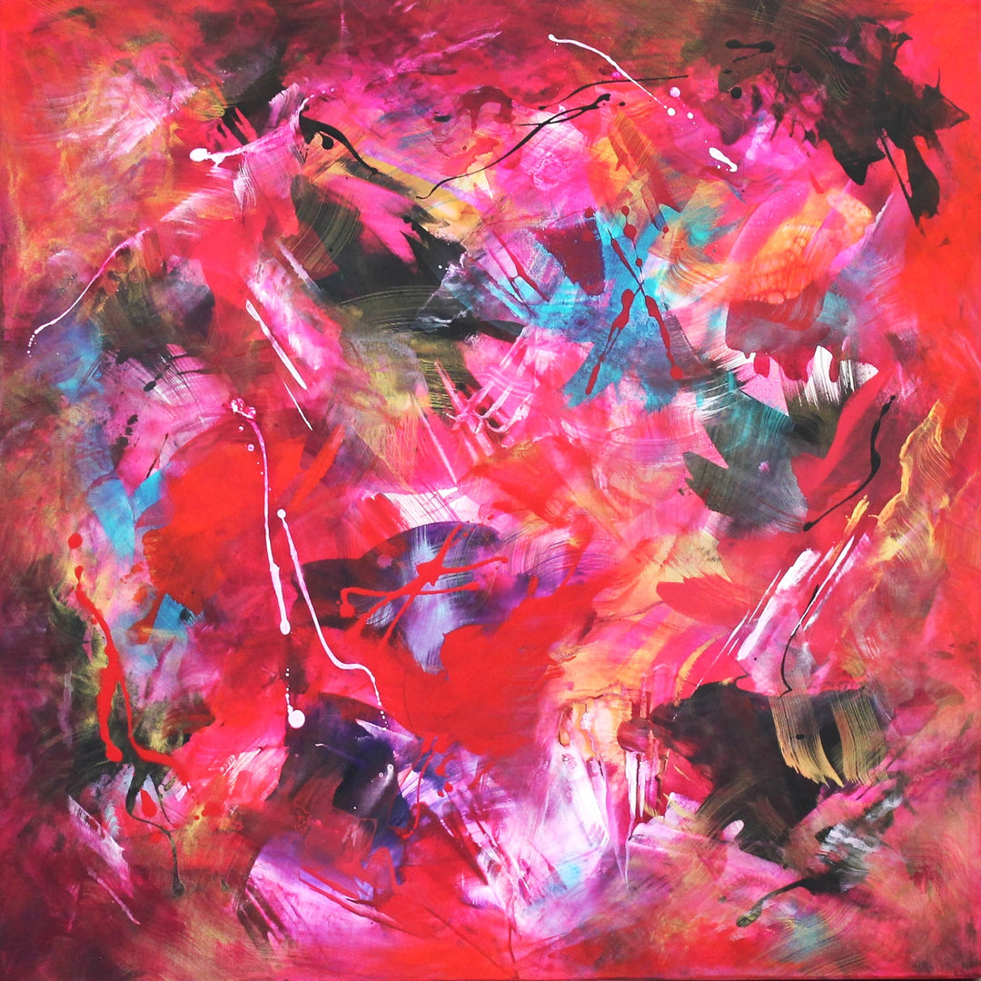 Energetic abstract painting dominated by vivid red, pink, and magenta tones with expressive brushstrokes, splashes of turquoise, black, and white on a dynamic, layered background.