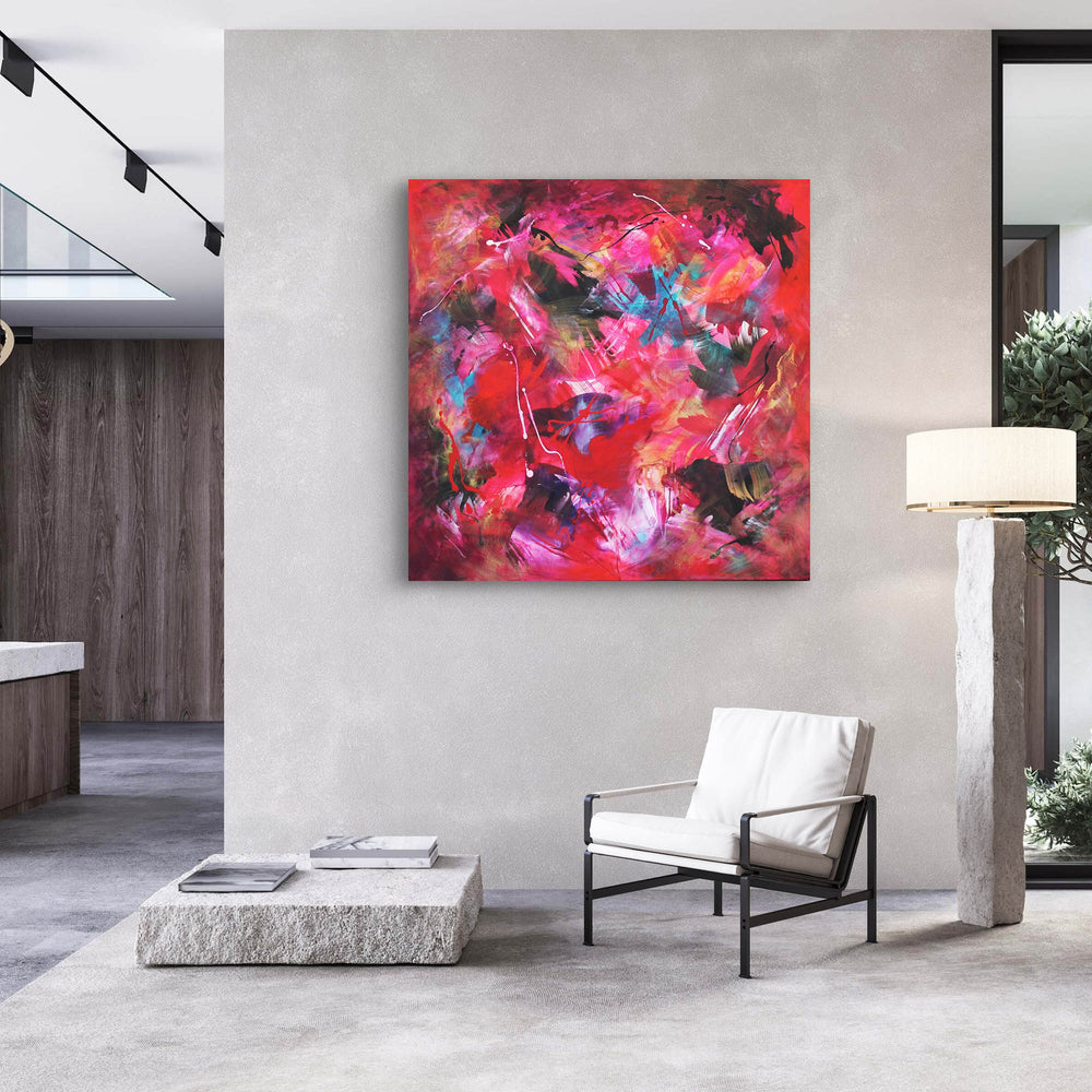 Energetic abstract painting dominated by vivid red, pink, and magenta tones with expressive brushstrokes, splashes of turquoise, black, and white on a dynamic, layered background.