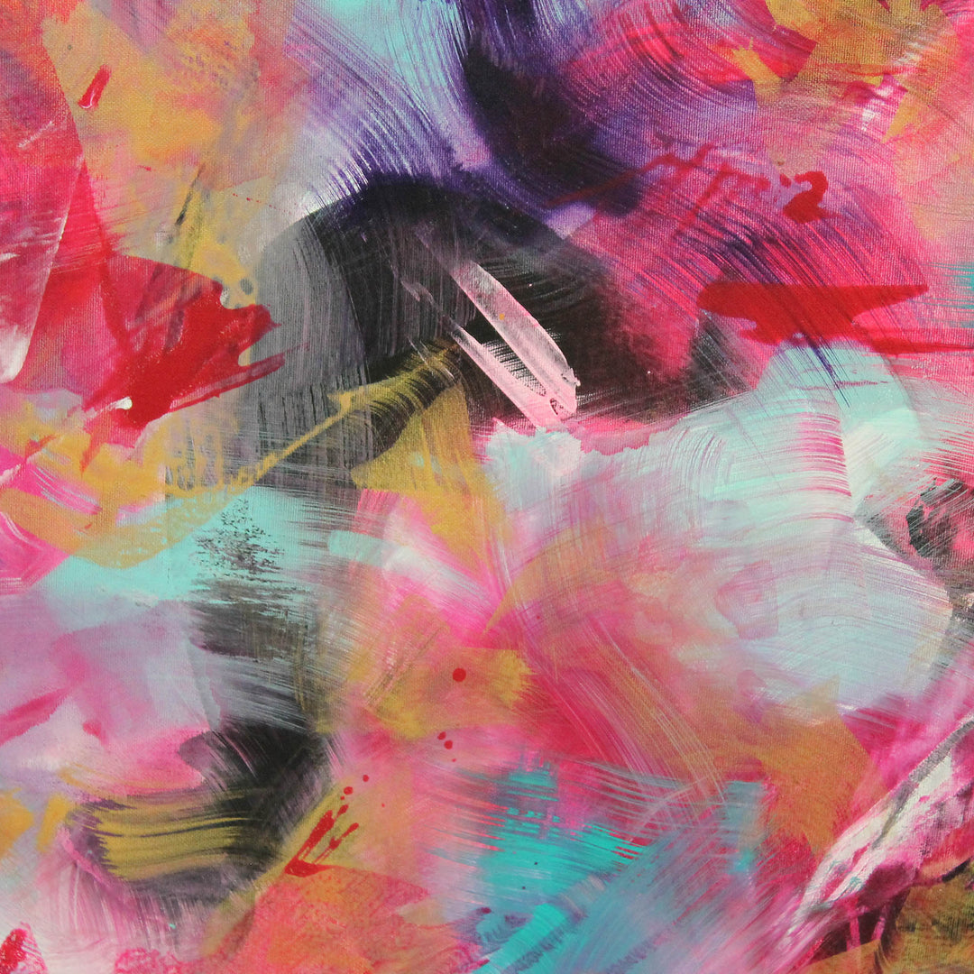 Vibrant abstract painting with layered, expressive brushstrokes in pink, magenta, turquoise, purple, and golden yellow, set against a softly blended multicolour background.