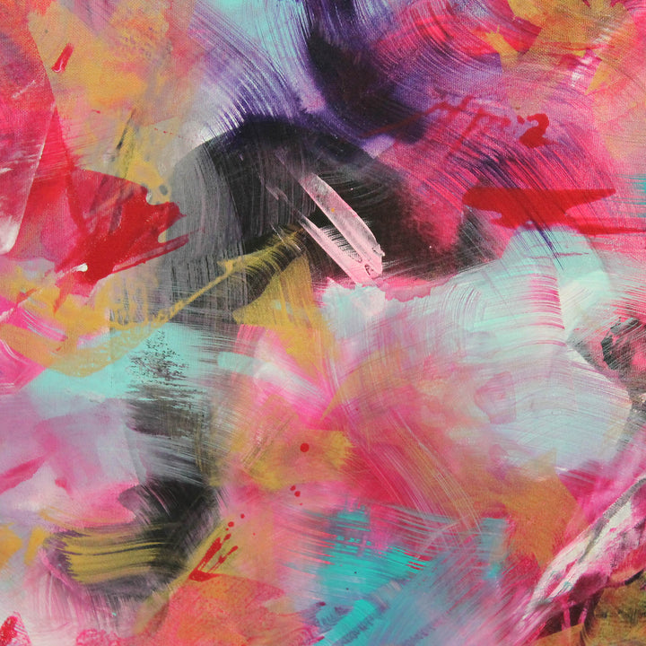 Vibrant abstract painting with layered, expressive brushstrokes in pink, magenta, turquoise, purple, and golden yellow, set against a softly blended multicolour background.