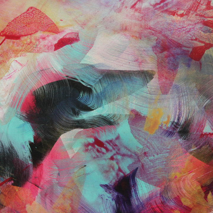 Vibrant abstract painting with layered, expressive brushstrokes in pink, magenta, turquoise, purple, and golden yellow, set against a softly blended multicolour background.