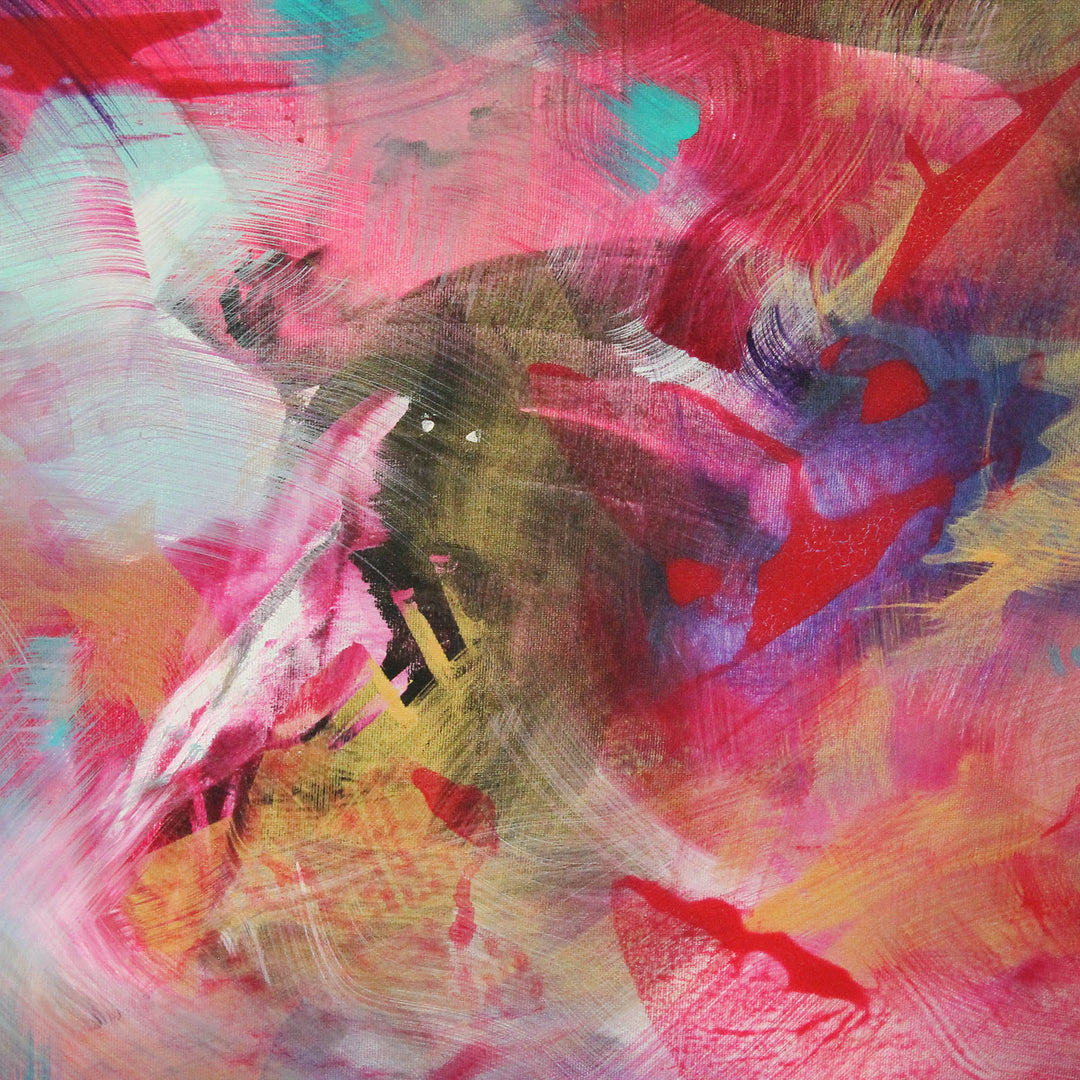 Vibrant abstract painting with layered, expressive brushstrokes in pink, magenta, turquoise, purple, and golden yellow, set against a softly blended multicolour background.