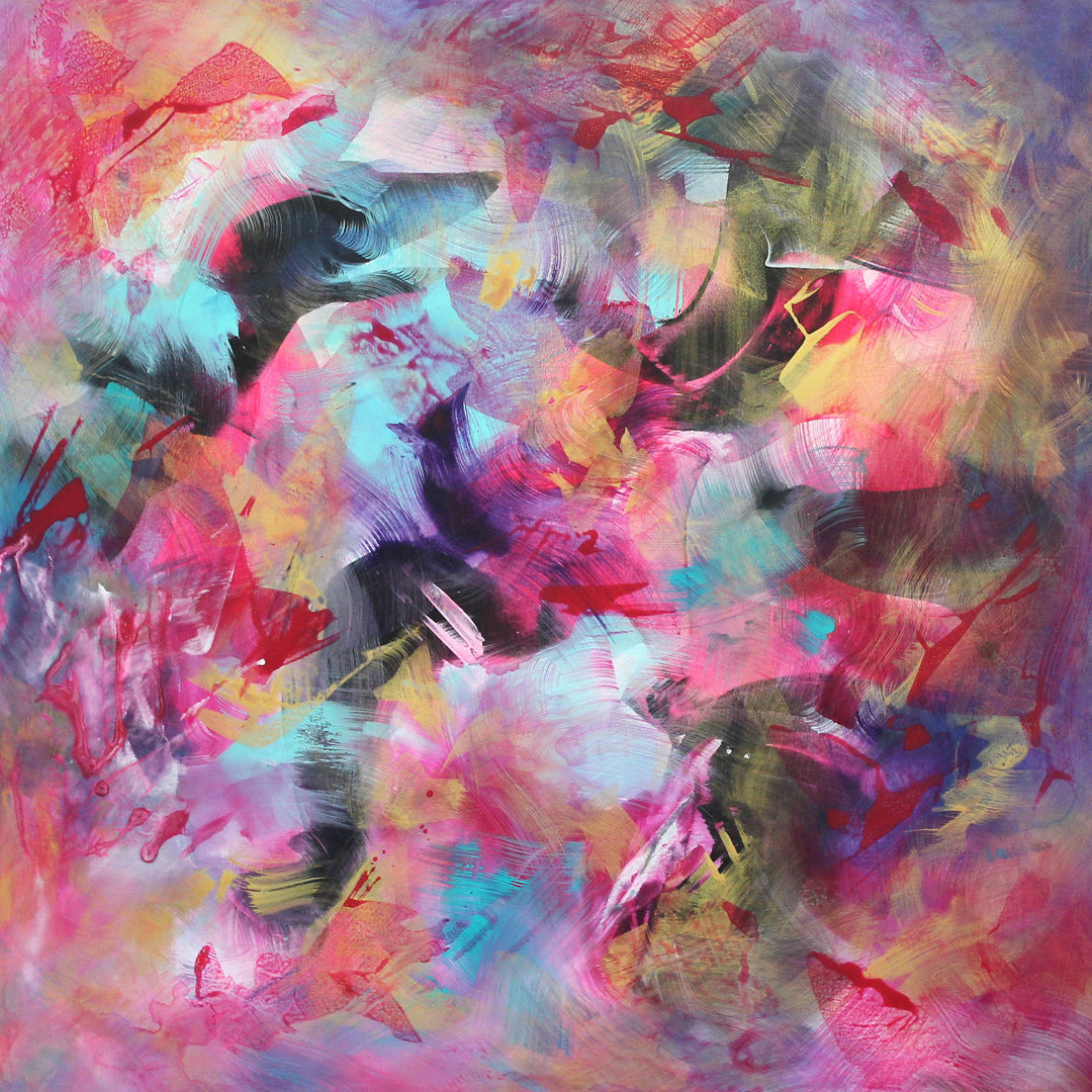 Vibrant abstract painting with layered, expressive brushstrokes in pink, magenta, turquoise, purple, and golden yellow, set against a softly blended multicolour background.