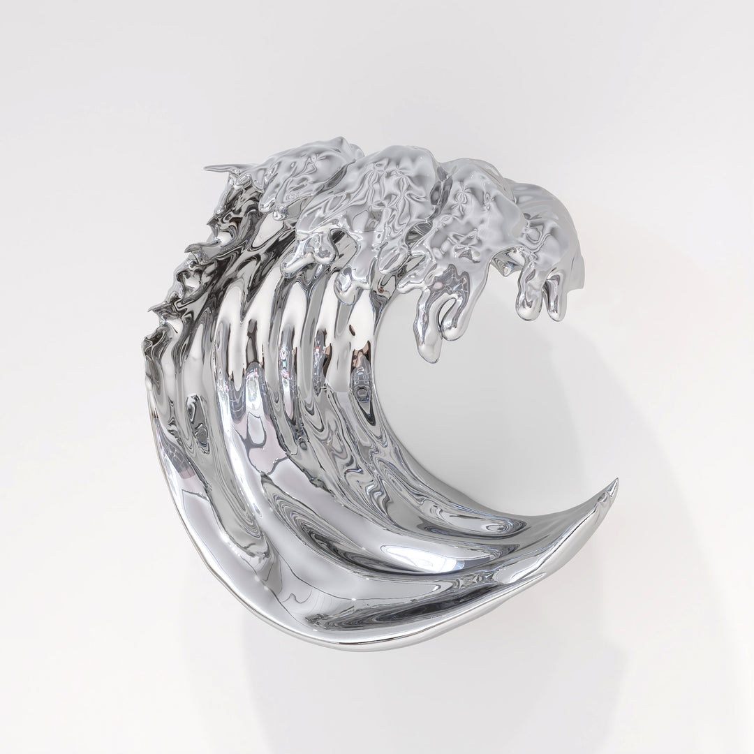 Striking wall-mounted sculpture by Yoni Alter, crafted from mirror-polished stainless steel and shaped into a stylised cresting wave. The reflective surface and sweeping fluid lines capture movement, energy, and elegance, blending natural inspiration with futuristic minimalism. Suitable for both interior and exterior display.