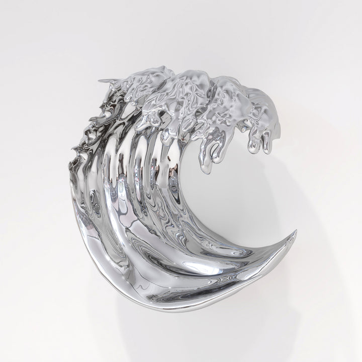 Striking wall-mounted sculpture by Yoni Alter, crafted from mirror-polished stainless steel and shaped into a stylised cresting wave. The reflective surface and sweeping fluid lines capture movement, energy, and elegance, blending natural inspiration with futuristic minimalism. Suitable for both interior and exterior display.