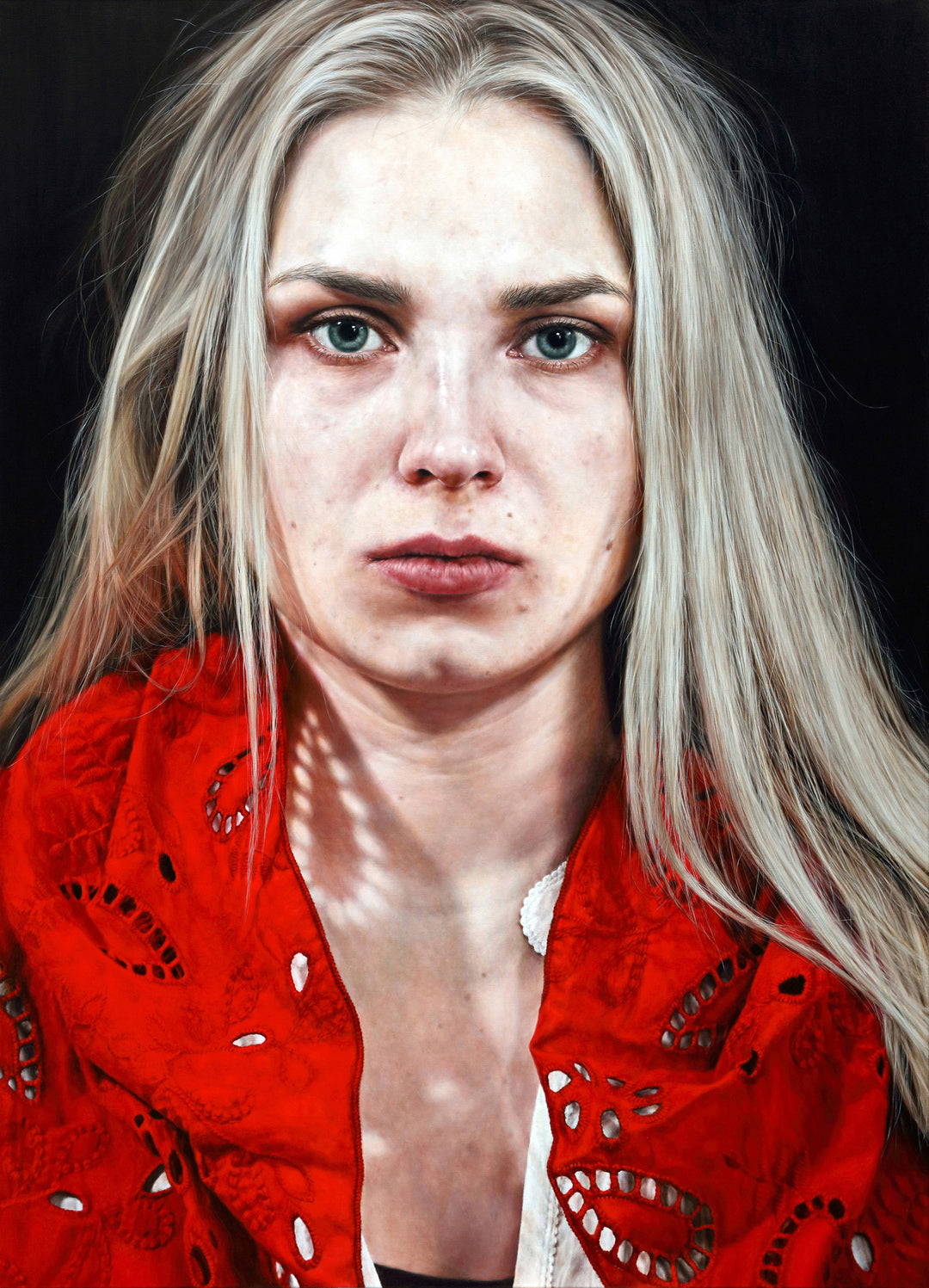 Arina Gordienko hyperrealist oil painting The Vanished Summer, depicting a young woman with long blonde hair and piercing blue-grey eyes, wearing a vivid red embroidered shawl against a dark background, her expression solemn and introspective, capturing fleeting time and emotional depth.