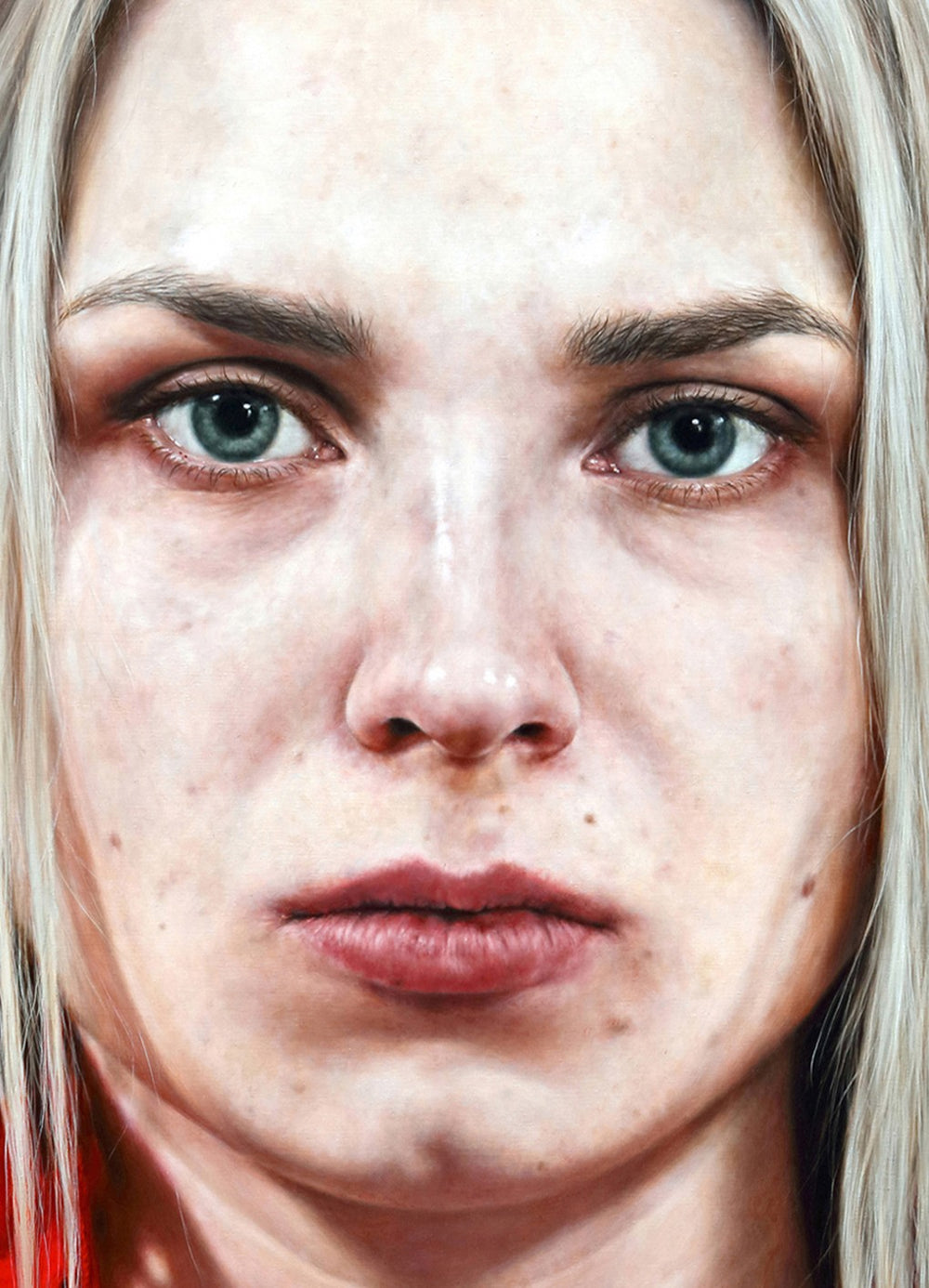 Arina Gordienko hyperrealist oil painting The Vanished Summer, depicting a young woman with long blonde hair and piercing blue-grey eyes, wearing a vivid red embroidered shawl against a dark background, her expression solemn and introspective, capturing fleeting time and emotional depth.