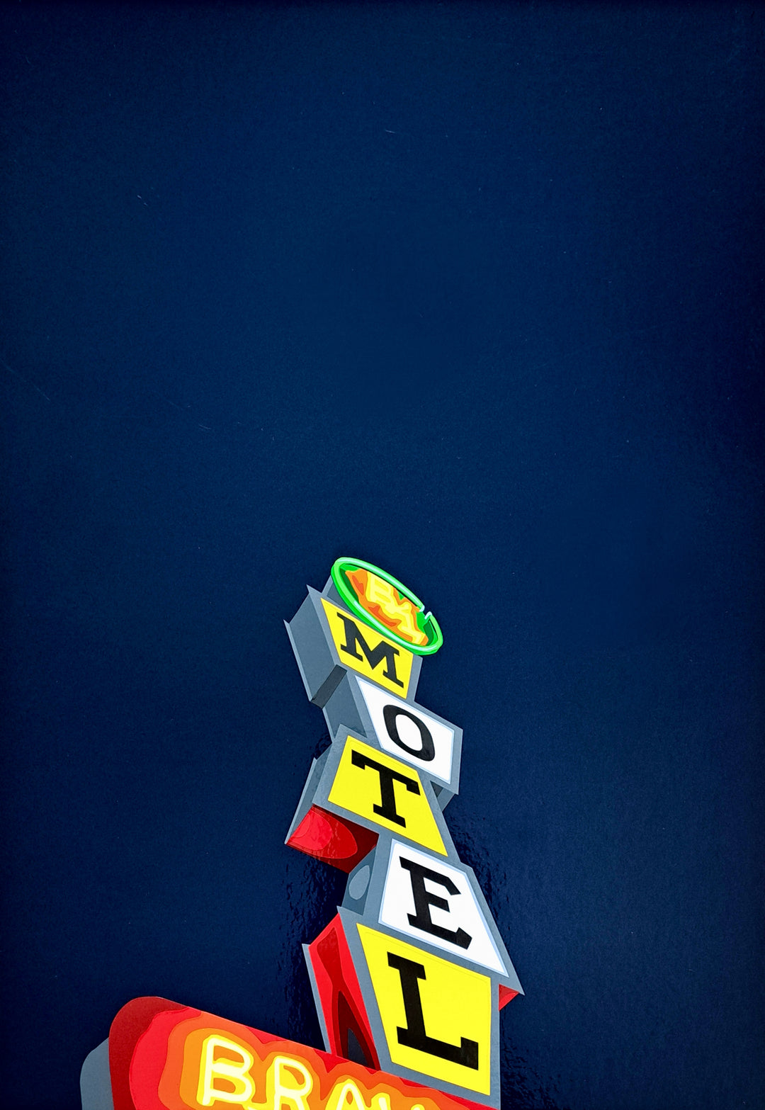 Hand-cut vinyl artwork of a classic American roadside motel sign with bold yellow, black and white letters, set against a deep navy-blue background. Retro neon style and angled perspective evoke 1950s Americana.
