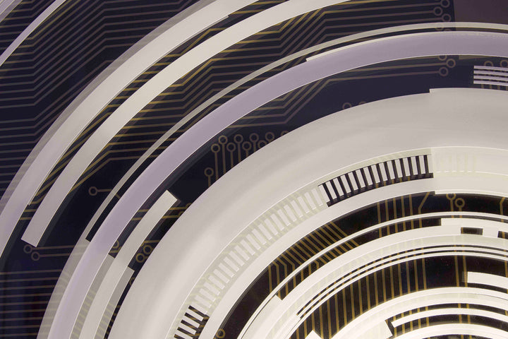 The Portal by Ben Rousseau – a circular illuminated artwork blending acrylic, LED, and brass. Featuring concentric rings and circuit-inspired patterns in gold, white, and black, it transforms technology into art and light into architectural sculpture.