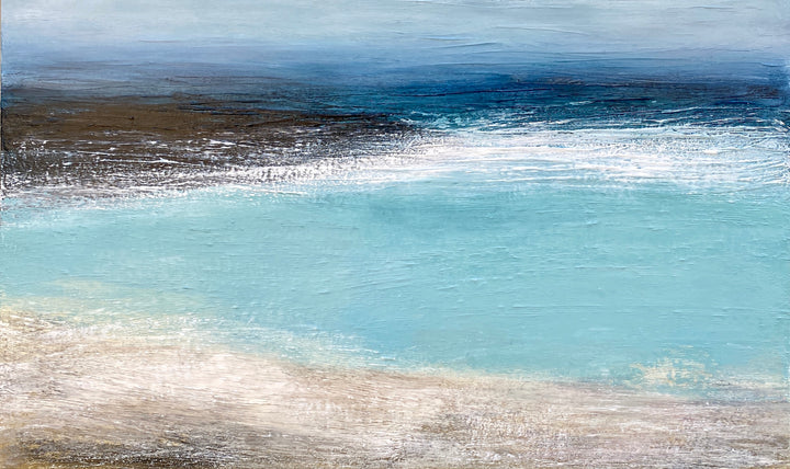 ‘Across the Bay 5’ by Heather McAlpine, original abstract seascape in acrylic on canvas depicting St Ives Bay with luminous turquoise water, deep blue horizon, white breaking surf and warm sandy shoreline.